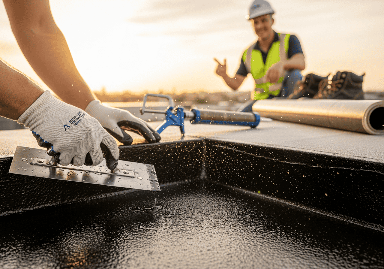 Roof waterproofing process using torch-on membrane by construction workers at sunset, highlighting waterproofing and roofing services.