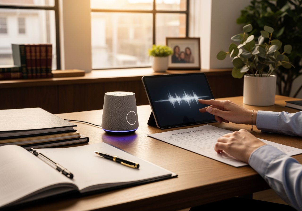 Person using a tablet with voice wave display in a modern office, surrounded by notebooks, pens, and a smart speaker, highlighting AI-powered voice technology for business communication.