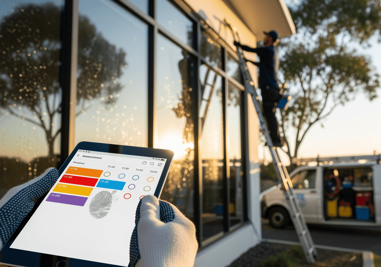 Technician cleaning large glass windows of a commercial building with a ladder, while a person holds a tablet displaying a customer service app, during sunset.