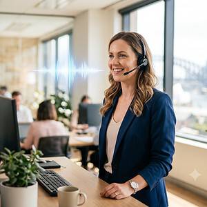 A friendly customer support agent wearing a headset, smiling, and assisting clients in a bright, modern office with large windows and team members working in the background.