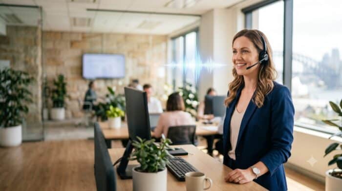 A friendly customer support agent wearing a headset, smiling, and assisting clients in a bright, modern office with large windows and team members working in the background.