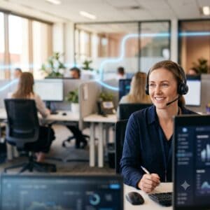 Friendly customer support agent wearing a headset in a busy call center with multiple agents working at computers, providing professional assistance and excellent service.