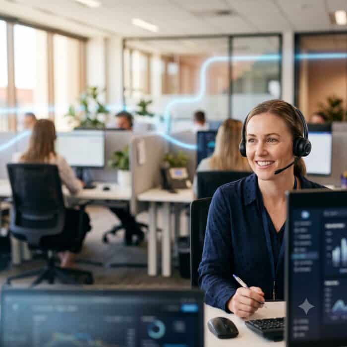 Friendly customer support agent wearing a headset in a busy call center with multiple agents working at computers, providing professional assistance and excellent service.