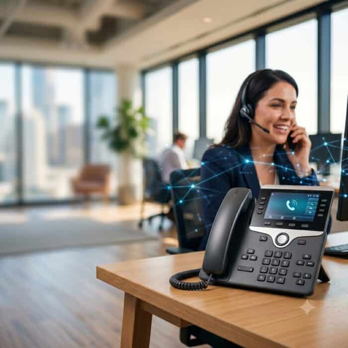 Professional woman customer support agent wearing a headset, working at a modern office with advanced phone technology, representing AI-powered customer service solutions.