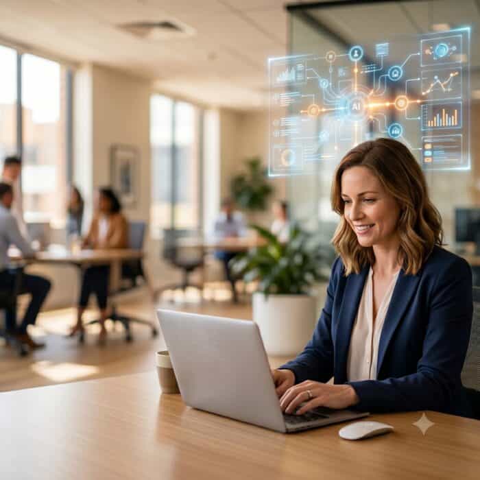 Businesswoman working on a laptop with AI and data analytics holograms in a modern office environment, representing AI-driven communication solutions for businesses.