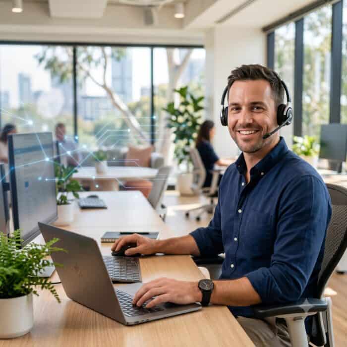 AiDial customer support agent wearing a headset working on a laptop in a bright, modern office with large windows and greenery.