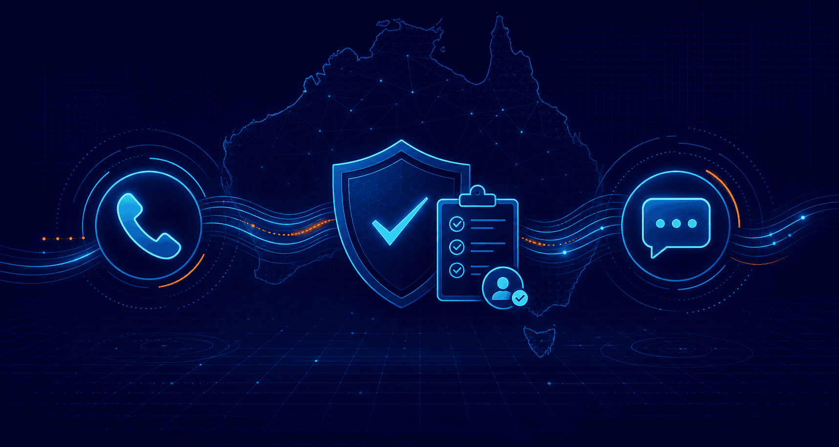 Abstract compliance shield, phone and SMS workflow for Australian scam prevention controls.