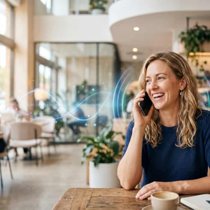Woman smiling and talking on a mobile phone in a modern office, representing AiDial's customer service and call center automation technology.