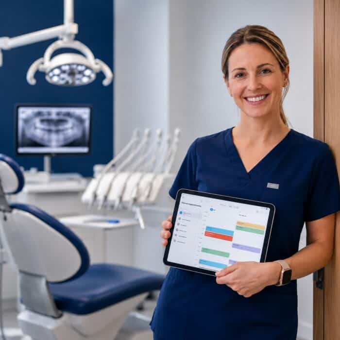 Female dental professional in scrubs holding a tablet with digital scheduling interface in a modern dental clinic, with dental equipment and monitor in the background.