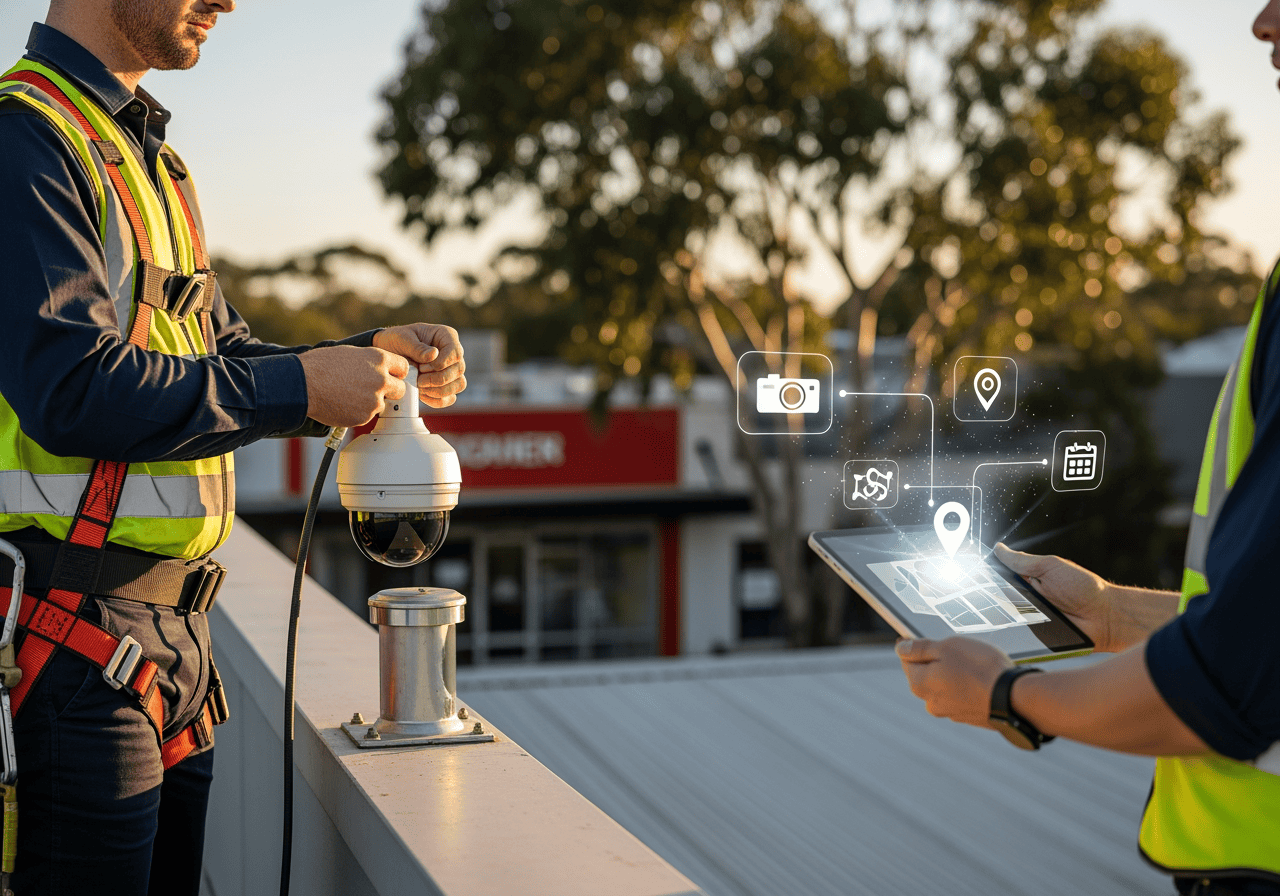 Two professionals using a tablet and AI-powered tools for building inspection and maintenance, highlighting innovative AI solutions for property management.