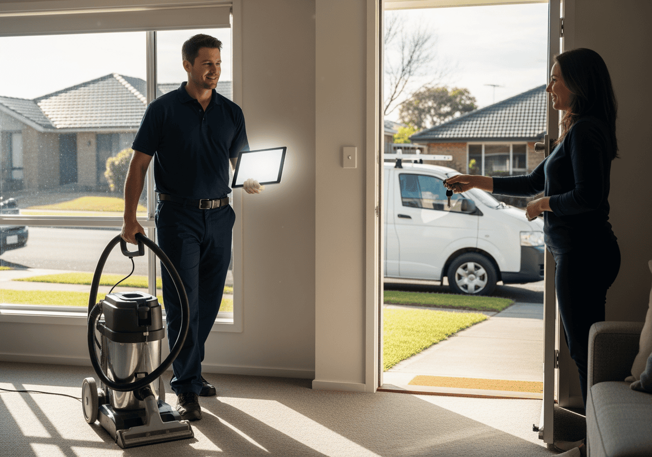 A professional cleaner and a homeowner discussing cleaning services inside a modern house with large windows and a view of the street.