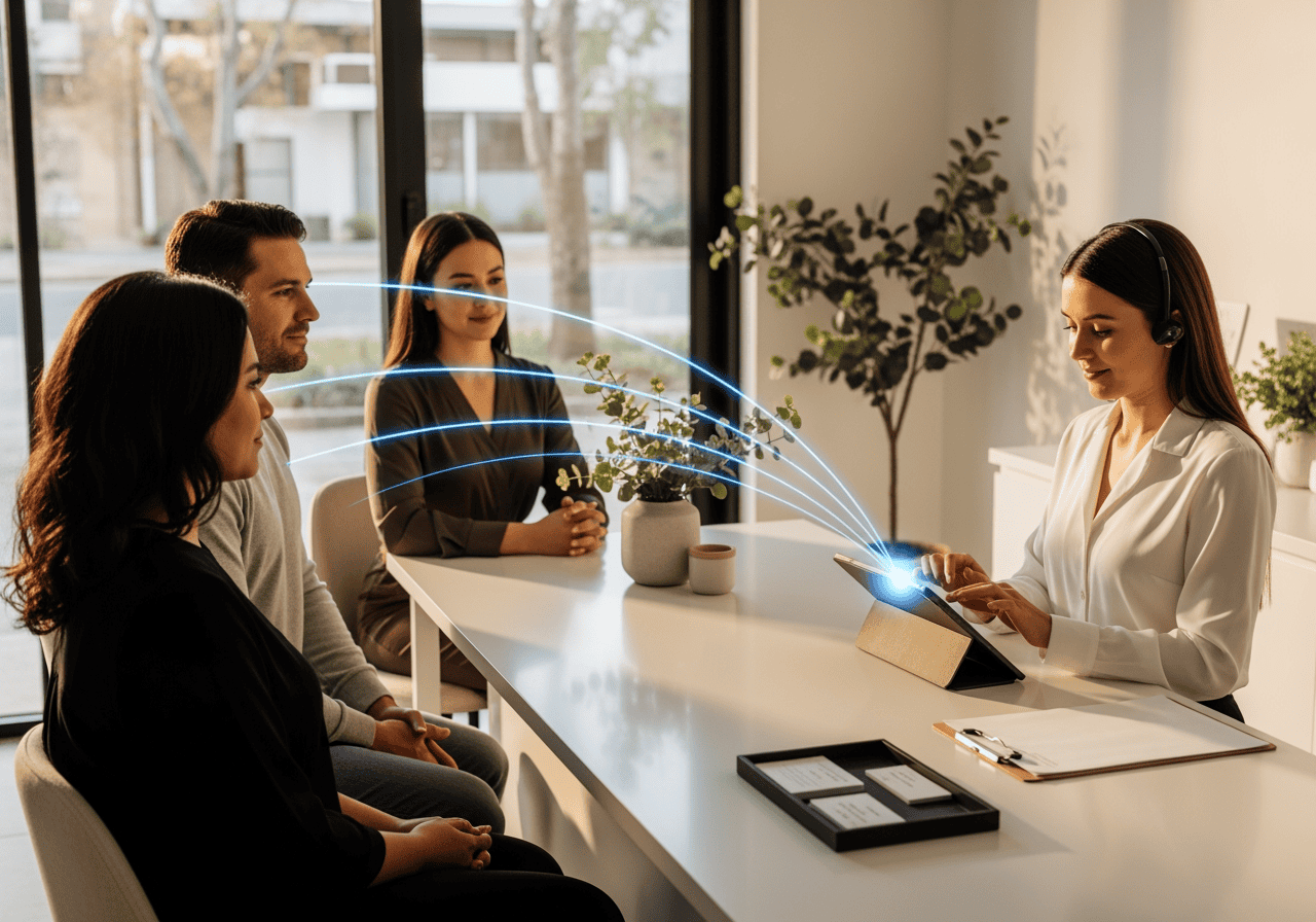 A professional woman using AI technology to assist three clients in a modern office setting, highlighting AI Dial's innovative customer service solutions.