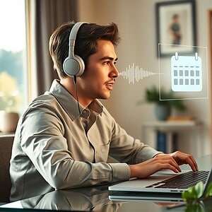 Young man with headphones working on a laptop with AI digital interface, calendar, and communication icons in a modern home office for AI Dial.