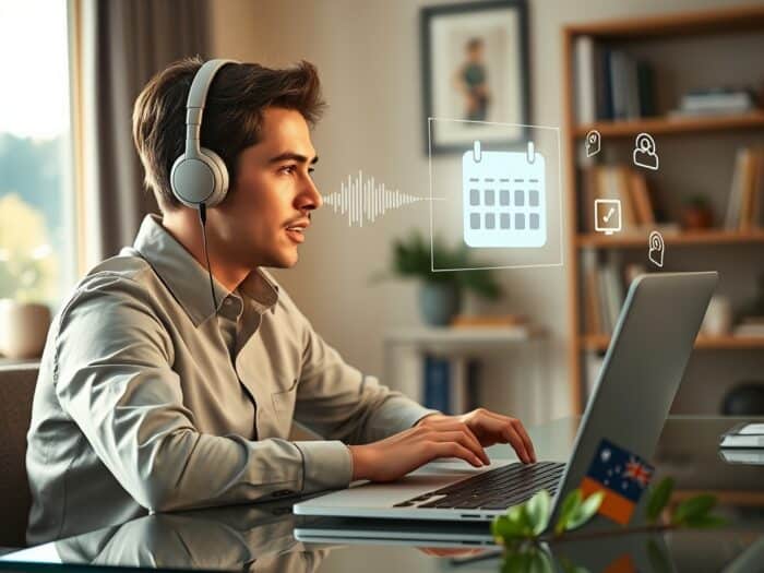 Young man with headphones working on a laptop with AI digital interface, calendar, and communication icons in a modern home office for AI Dial.