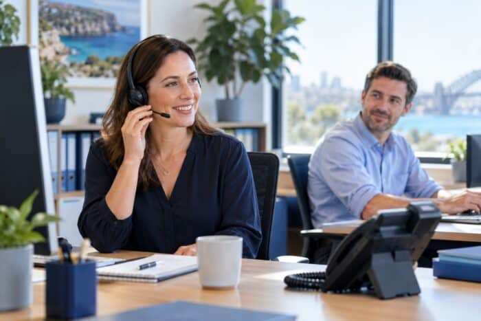 Two customer support agents working in an office, one woman with a headset smiling, and a man in the background, with a cityscape view through the window.