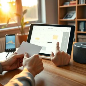 A person using a tablet and smartphone for business communication, with a smart speaker on a wooden desk, representing AiDial's innovative communication technology.