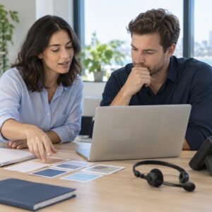 Two professionals collaborating on AI Dialer software at a modern office, with a laptop, documents, and a city view in the background.