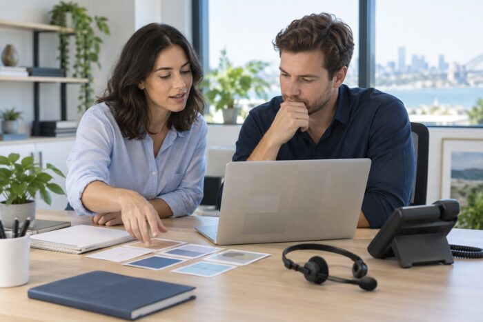 Two professionals collaborating on AI Dialer software at a modern office, with a laptop, documents, and a city view in the background.