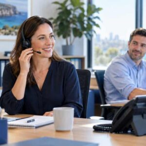 Two customer support agents in an office, one woman with a headset smiling, and a man in the background, with a cityscape view through the window.