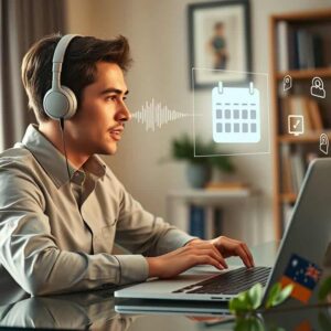 Young man with headphones working on a laptop with AI scheduling and calendar icons, representing AI Dial's automation and productivity tools.