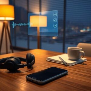 Modern workspace with voice recognition technology, headphones, smartphone, notebook, and coffee cup, showcasing AiDial's innovative communication solutions for businesses.