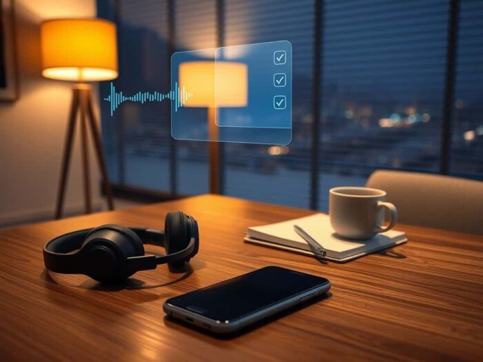 Modern workspace with voice recognition technology, headphones, smartphone, notebook, and coffee cup, showcasing AiDial's innovative communication solutions for businesses.