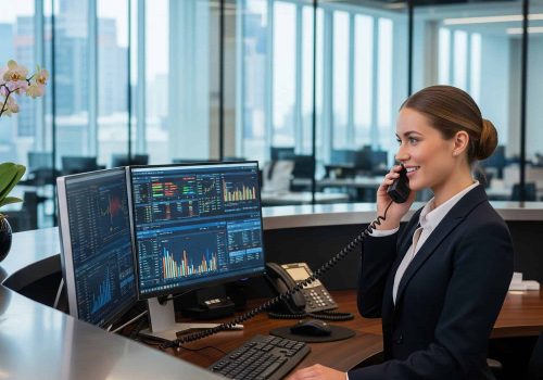 High-tech financial trading office with woman using phone, multiple monitors displaying stock market charts and data, modern business environment, AI-powered trading solutions.