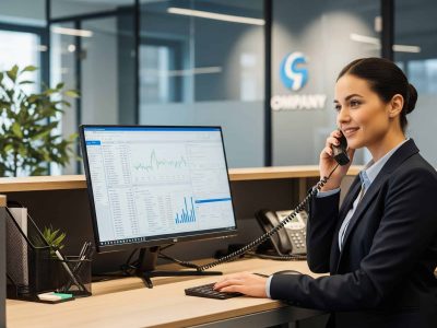 AI Dial customer service representative working with analytics software in an office environment.