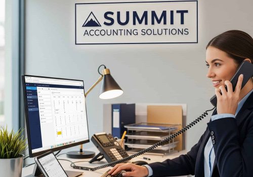 Efficient call centre agent using AI dialer on desktop computer in modern office environment for telecommunication and customer service solutions.