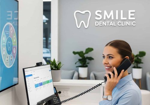 Efficient dental clinic receptionist using computer and phone at Smile Dental Clinic.