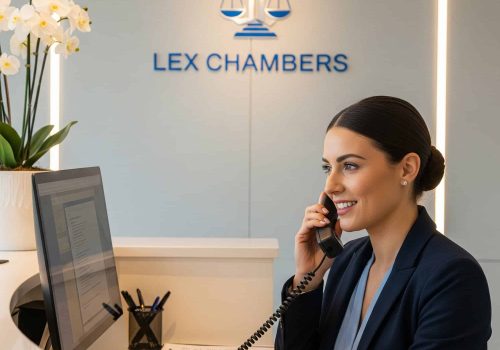 Corporate reception desk with receptionist using phone at Lex Chambers office, legal services.