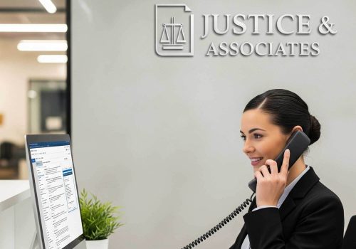 Professional customer service representative using AI dialer system at Justice & Associates law firm, providing efficient legal call management in Australia.