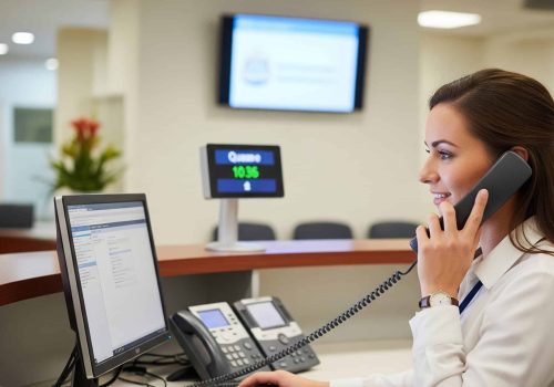 Efficient office worker using AI-powered call center software at reception desk.