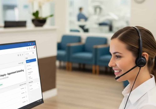 Efficient customer service representative using AiDial call management software in an office setting.