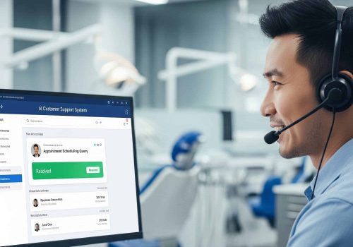 Advanced AI-powered customer support system interface with chatbot technology in a modern healthcare setting.
