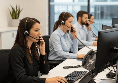 Customer support team using headsets at computers in a modern call center, providing professional assistance with AI-powered communication solutions.