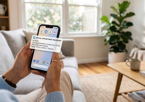 Person holding a smartphone displaying an automated dental appointment reminder notification, showcasing AI-powered scheduling and communication technology for healthcare providers.
