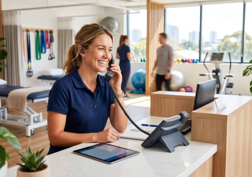 Friendly female receptionist at a physiotherapy clinic using a landline phone, with a tablet on the counter, surrounded by fitness equipment and therapy beds in the background.