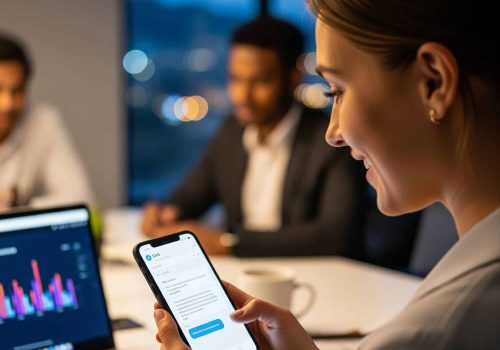 Modern businesswoman using AI-powered communication app on smartphone in professional office setting.